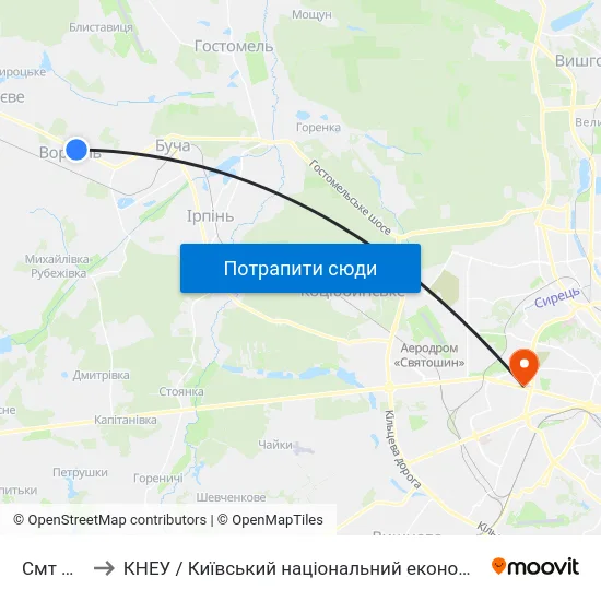 Смт Ворзель to КНЕУ / Київський національний економічний університет ім. В. Гетьмана map