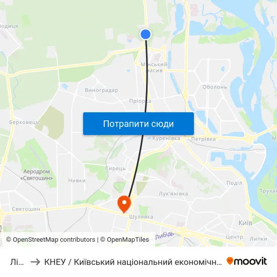 Лісова to КНЕУ / Київський національний економічний університет ім. В. Гетьмана map