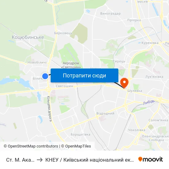 Ст. М. Академмістечко to КНЕУ / Київський національний економічний університет ім. В. Гетьмана map