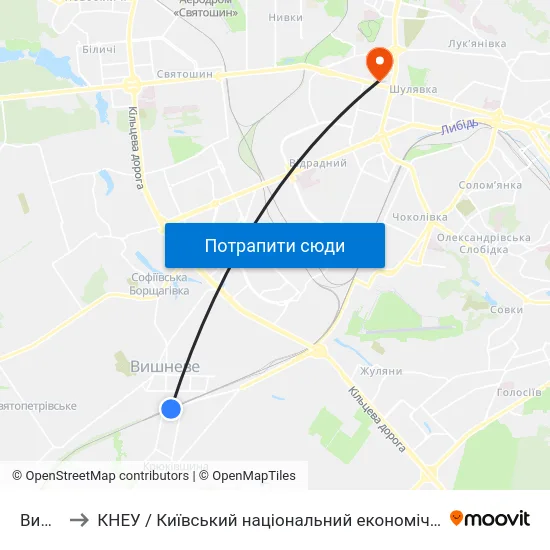 Вишневе to КНЕУ / Київський національний економічний університет ім. В. Гетьмана map