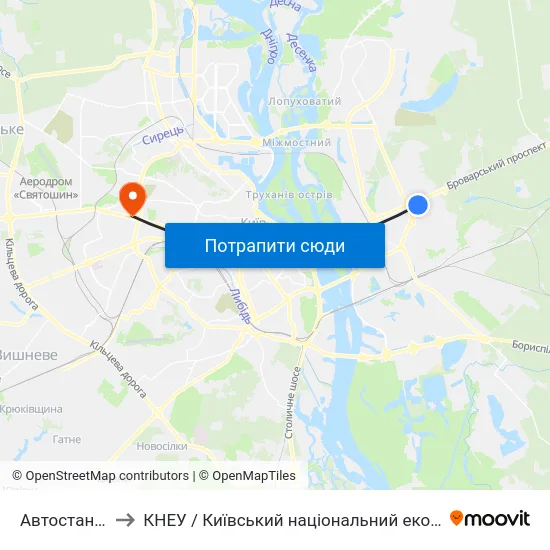 Автостанція Дарниця to КНЕУ / Київський національний економічний університет ім. В. Гетьмана map