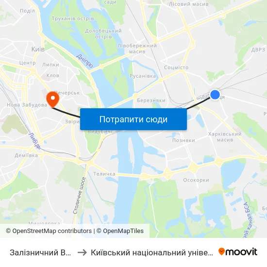 Залізничний Вокзал Дарниця to Київський національний університет культури і мистецтв map