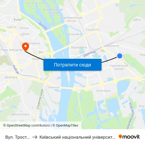 Вул. Тростянецька to Київський національний університет культури і мистецтв map