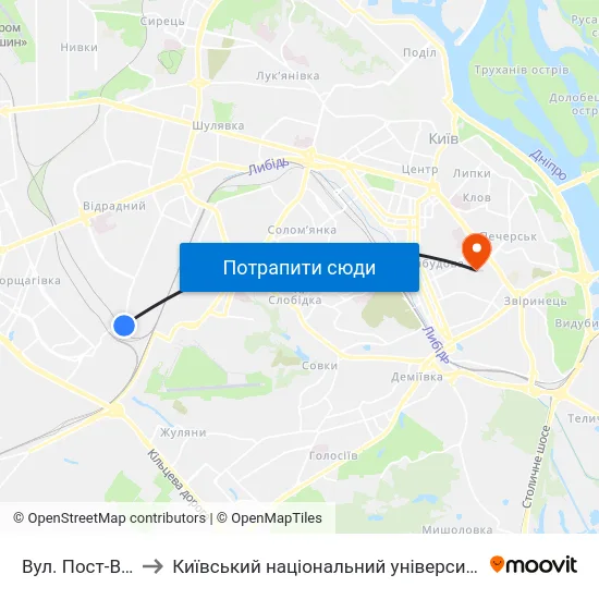 Вул. Пост-Волинська to Київський національний університет культури і мистецтв map