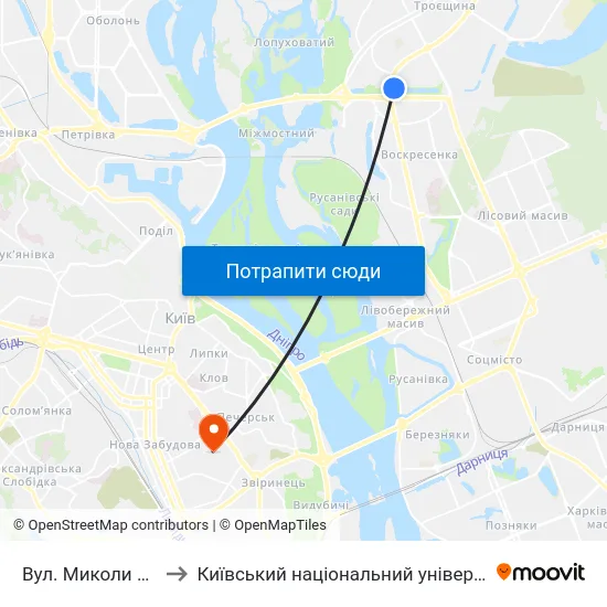 Вул. Миколи Закревського to Київський національний університет культури і мистецтв map