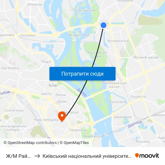 Ж/М Райдужний to Київський національний університет культури і мистецтв map