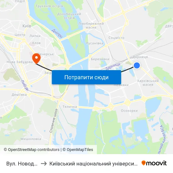 Вул. Новодарницька to Київський національний університет культури і мистецтв map