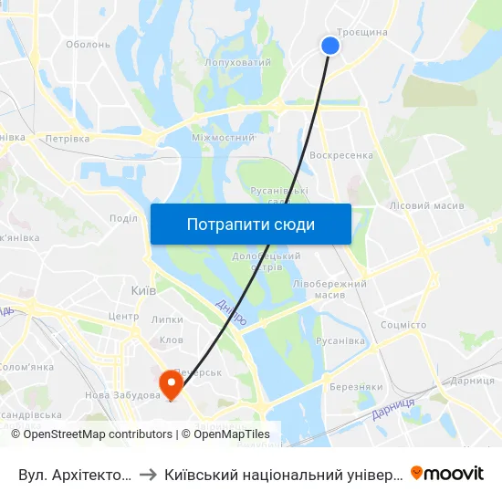 Вул. Архітектора Ніколаєва to Київський національний університет культури і мистецтв map