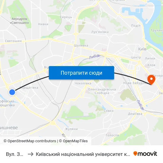 Вул. Зодчих to Київський національний університет культури і мистецтв map