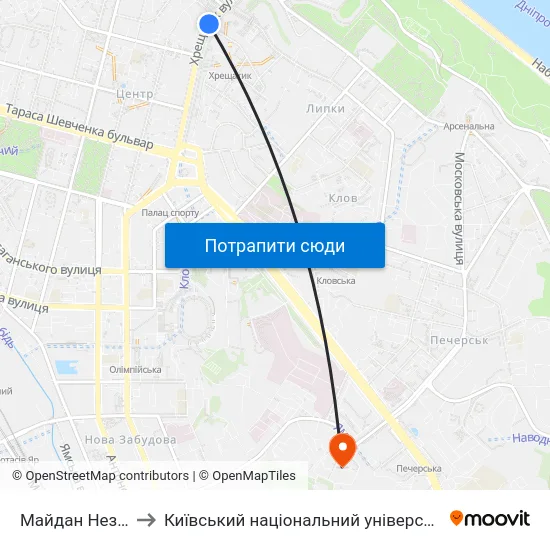 Майдан Незалежності to Київський національний університет культури і мистецтв map