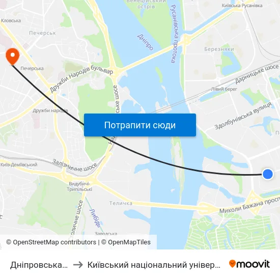 Дніпровська Набережна to Київський національний університет культури і мистецтв map