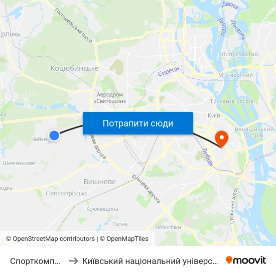 Спорткомплекс Чайка to Київський національний університет культури і мистецтв map