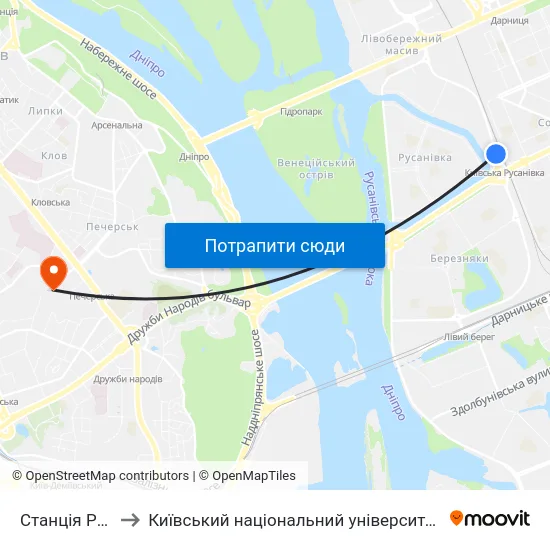 Станція Русанівка to Київський національний університет культури і мистецтв map