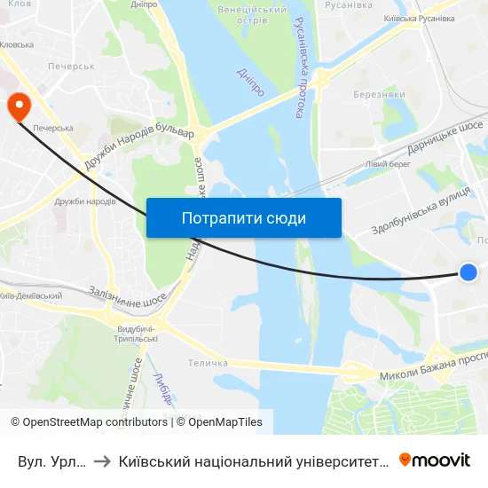 Вул. Урлівська to Київський національний університет культури і мистецтв map