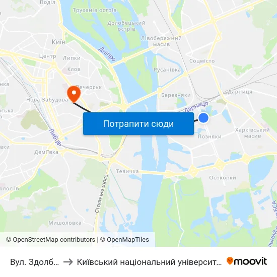 Вул. Здолбунівська to Київський національний університет культури і мистецтв map