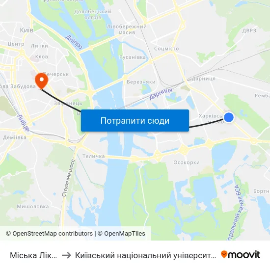 Міська Лікарня №1 to Київський національний університет культури і мистецтв map