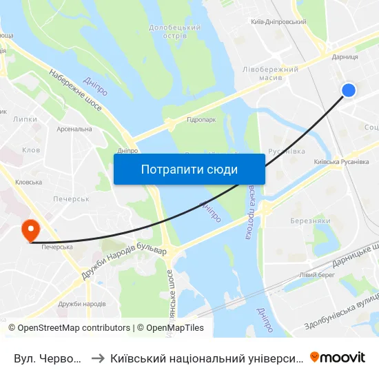 Вул. Червоноткацька to Київський національний університет культури і мистецтв map