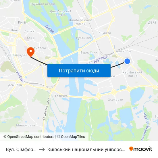Вул. Сімферопольська to Київський національний університет культури і мистецтв map