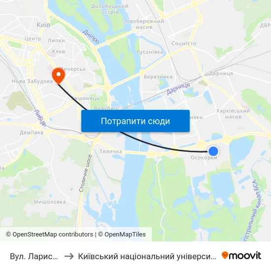 Вул. Лариси Руденко to Київський національний університет культури і мистецтв map