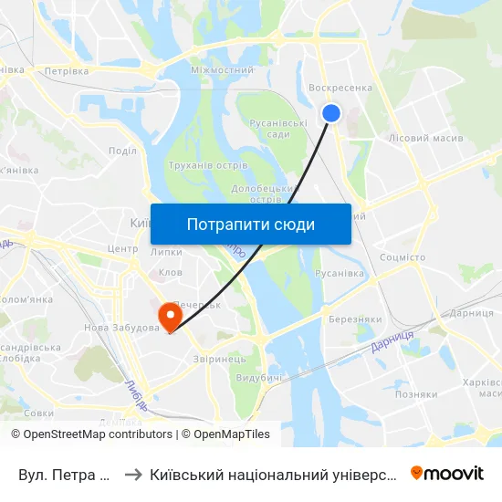 Вул. Петра Запорожця to Київський національний університет культури і мистецтв map