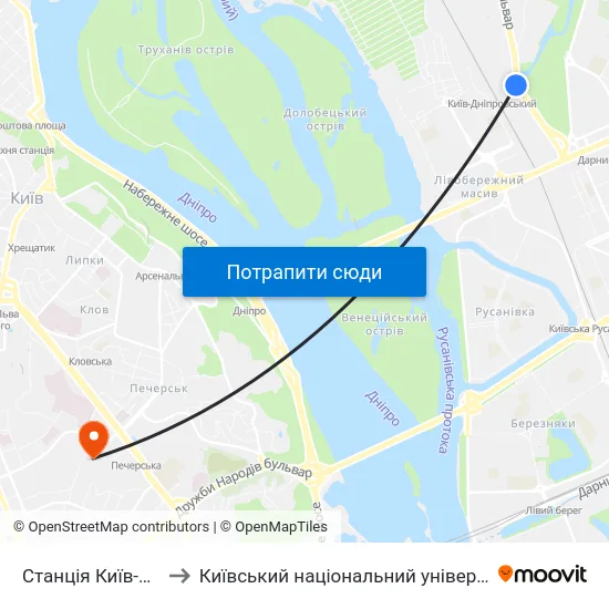 Станція Київ-Дніпровський to Київський національний університет культури і мистецтв map