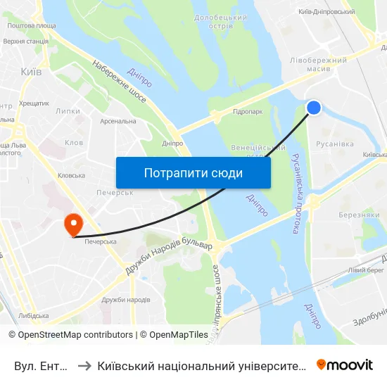 Вул. Ентузіастів to Київський національний університет культури і мистецтв map