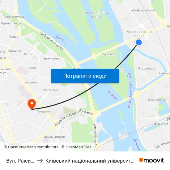 Вул. Раїси Окіпної to Київський національний університет культури і мистецтв map