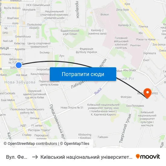 Вул. Федорова to Київський національний університет культури і мистецтв map