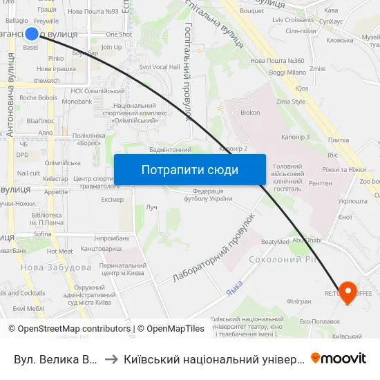 Вул. Велика Васильківська to Київський національний університет культури і мистецтв map