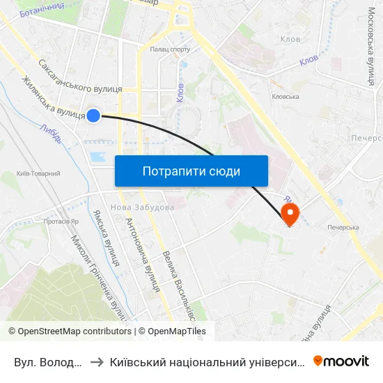 Вул. Володимирська to Київський національний університет культури і мистецтв map