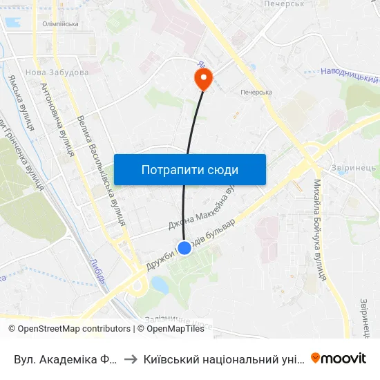 Вул. Академіка Філатова (На Вимогу) to Київський національний університет культури і мистецтв map