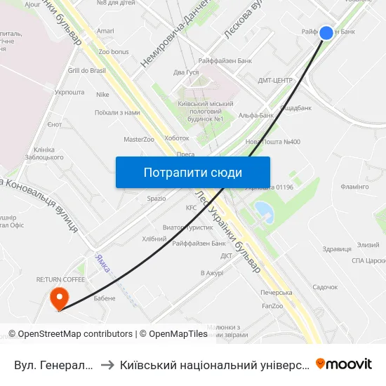 Вул. Генерала Алмазова to Київський національний університет культури і мистецтв map