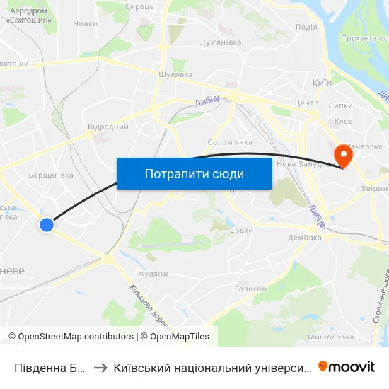 Південна Борщагівка to Київський національний університет культури і мистецтв map