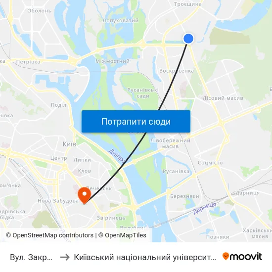 Вул. Закревського to Київський національний університет культури і мистецтв map