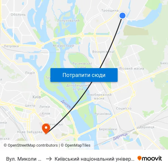 Вул. Миколи Закревського to Київський національний університет культури і мистецтв map