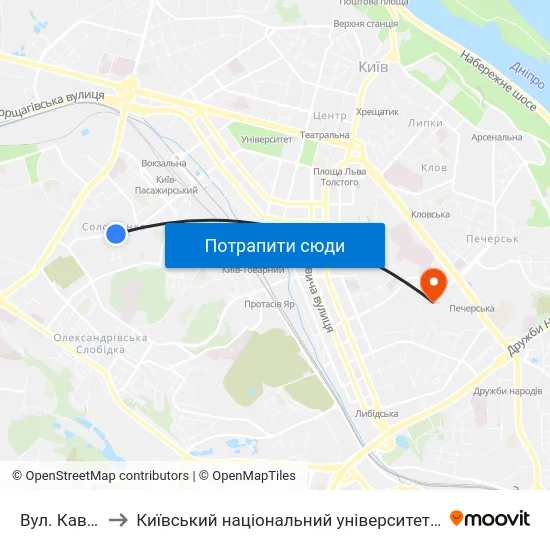 Вул. Кавказька to Київський національний університет культури і мистецтв map