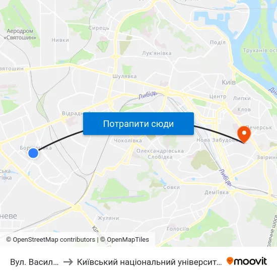 Вул. Василя Кучера to Київський національний університет культури і мистецтв map