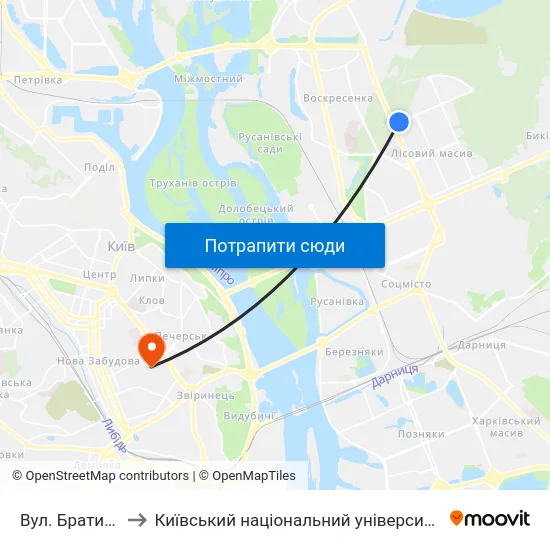 Вул. Братиславська to Київський національний університет культури і мистецтв map