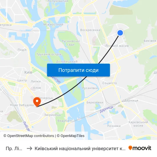 Пр. Лісовий to Київський національний університет культури і мистецтв map
