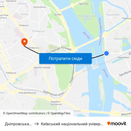 Дніпровська Набережна to Київський національний університет культури і мистецтв map