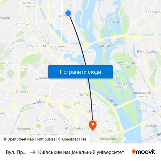 Вул. Прирічна to Київський національний університет культури і мистецтв map
