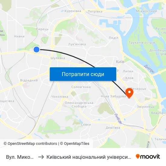 Вул. Миколи Шпака to Київський національний університет культури і мистецтв map