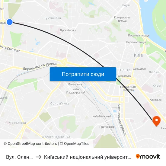 Вул. Олени Теліги to Київський національний університет культури і мистецтв map