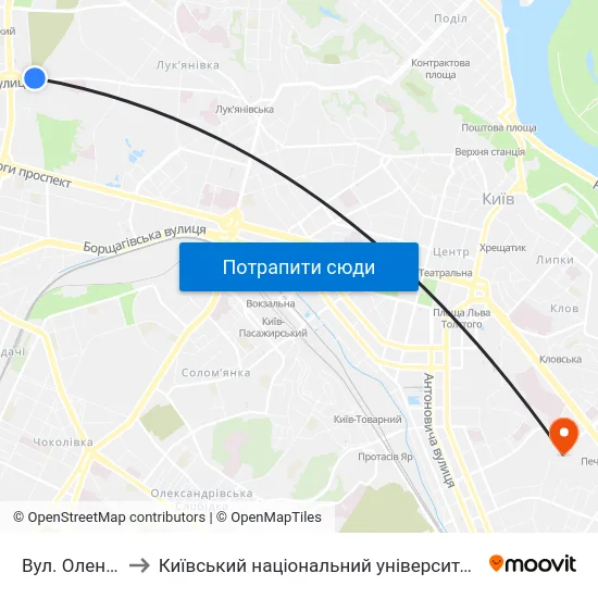 Вул. Олени Теліги to Київський національний університет культури і мистецтв map