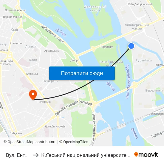 Вул. Ентузіастів to Київський національний університет культури і мистецтв map