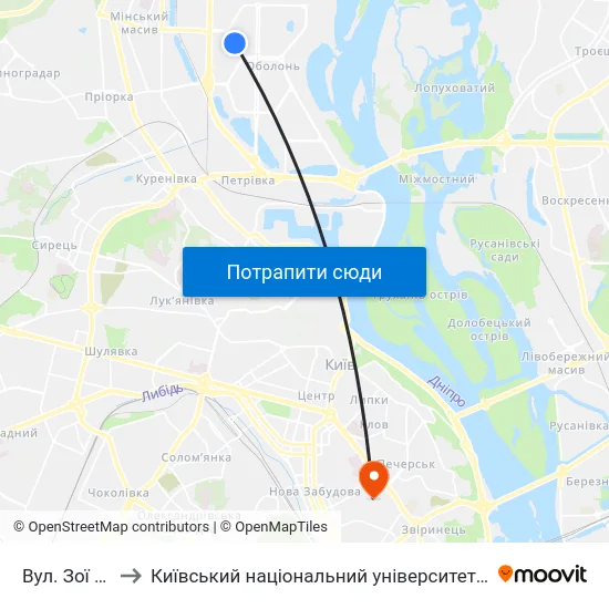 Вул. Зої Гайдай to Київський національний університет культури і мистецтв map