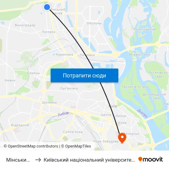 Мінський Масив to Київський національний університет культури і мистецтв map