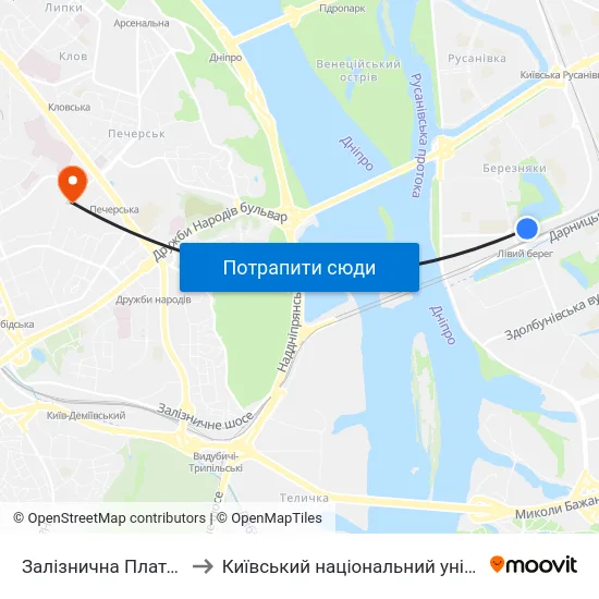 Залізнична Платформа Лівий Берег to Київський національний університет культури і мистецтв map