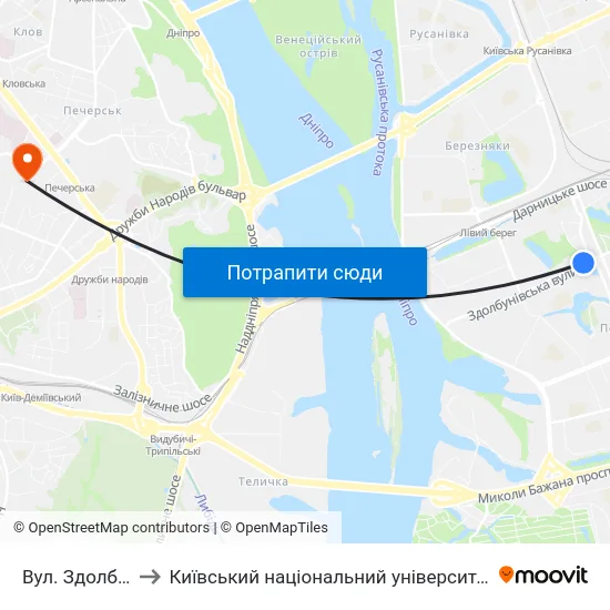 Вул. Здолбунівська to Київський національний університет культури і мистецтв map