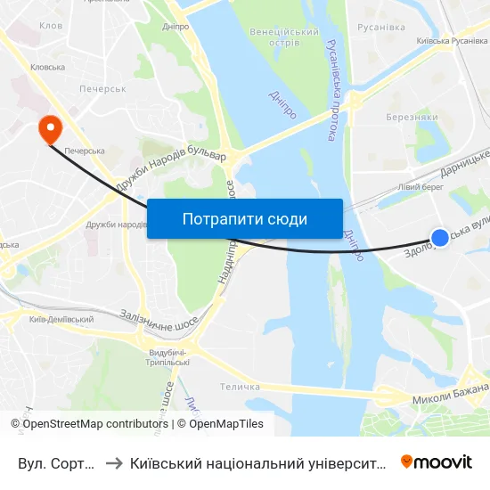 Вул. Сортувальна to Київський національний університет культури і мистецтв map